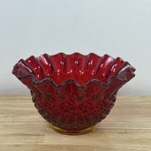 Vintage LE Smith Amberina Glass Daisy & Button Crimped Rim Bowl Made in the USA